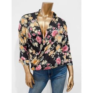 Free Press Black Floral Print 3/4 Sleeve Plunge Wrap Front Blouse Top  Size XS
